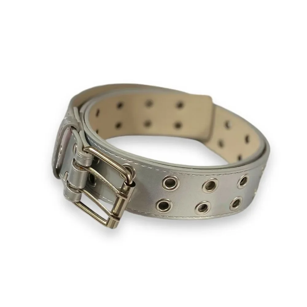 Metallic Silver Grommet Square Buckle Waist Belt - NEW